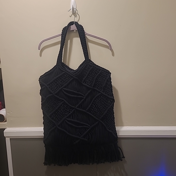 Anju Woven Cotton Large Fringe Black Bag - Picture 2 of 13